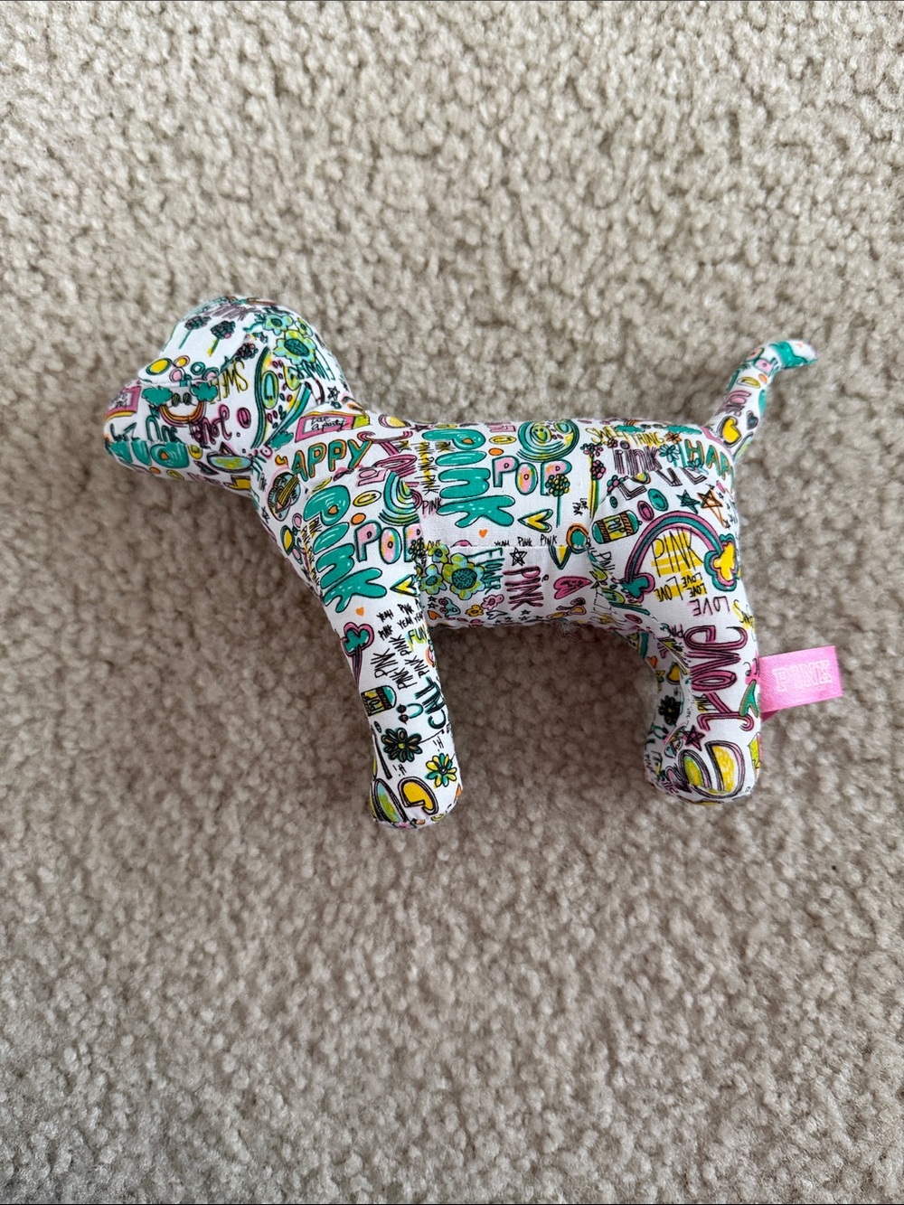 PINK Victoria's Secret White Plush Dog Toy with Multicolor Doodle Print